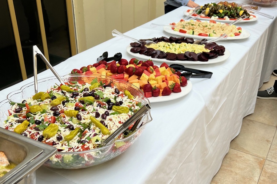 Greek Salad, Fruit Platter, Hummus, Skordalia and Pantzaria, Dolmathes